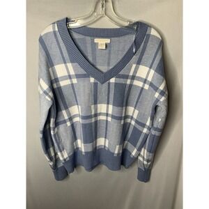 Christian Siriano Womens M Pullover Plaid Sweater V-Neck Blue & White Stretchy‎